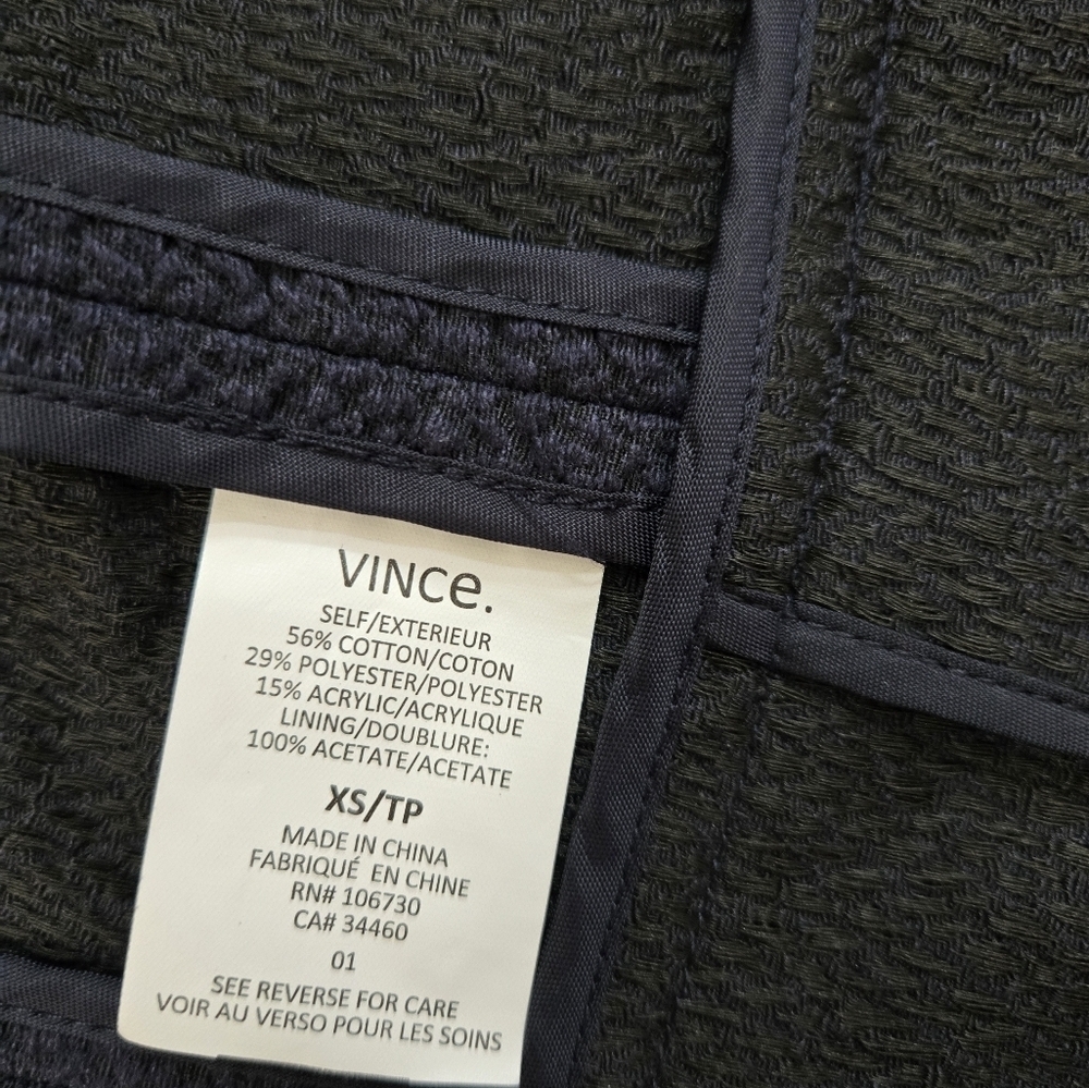 VINCE Open Front Lightweight Pebbled Navy Blazer With Black Interior. Size XS - Picture 8 of 10